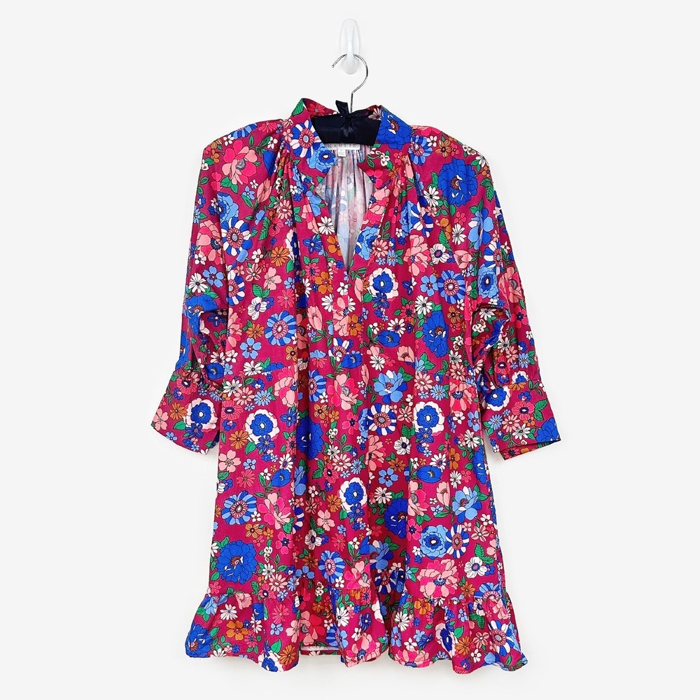 Karlie Floral Mini Dress Size M Pink Blue Cotton Boho Cottage Playful Bold